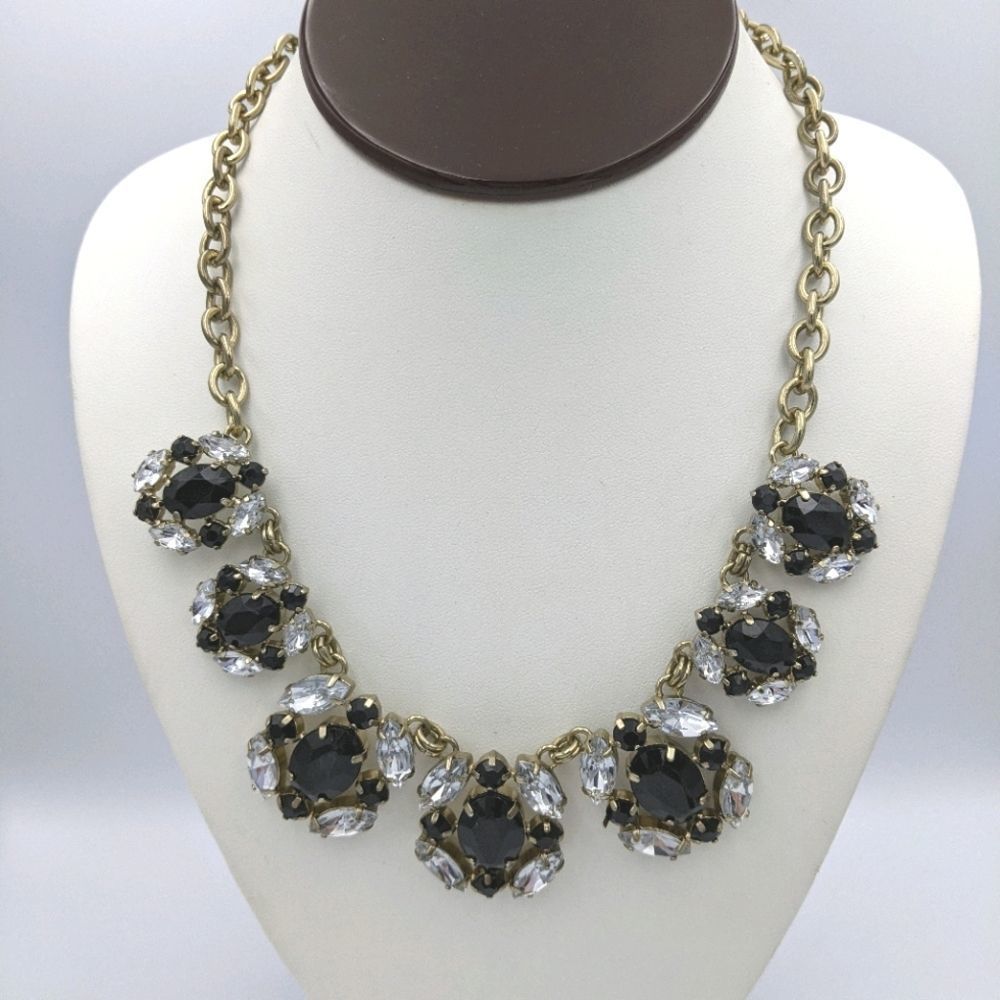 J. Crew Gold Tone Black Clear Crystal Necklace